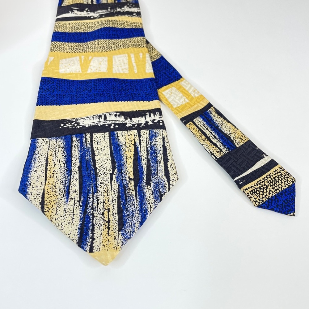 Tesoro Rosso Retro Abstract Necktie Mens Silk Blue Yellow Black Urban Chic Work